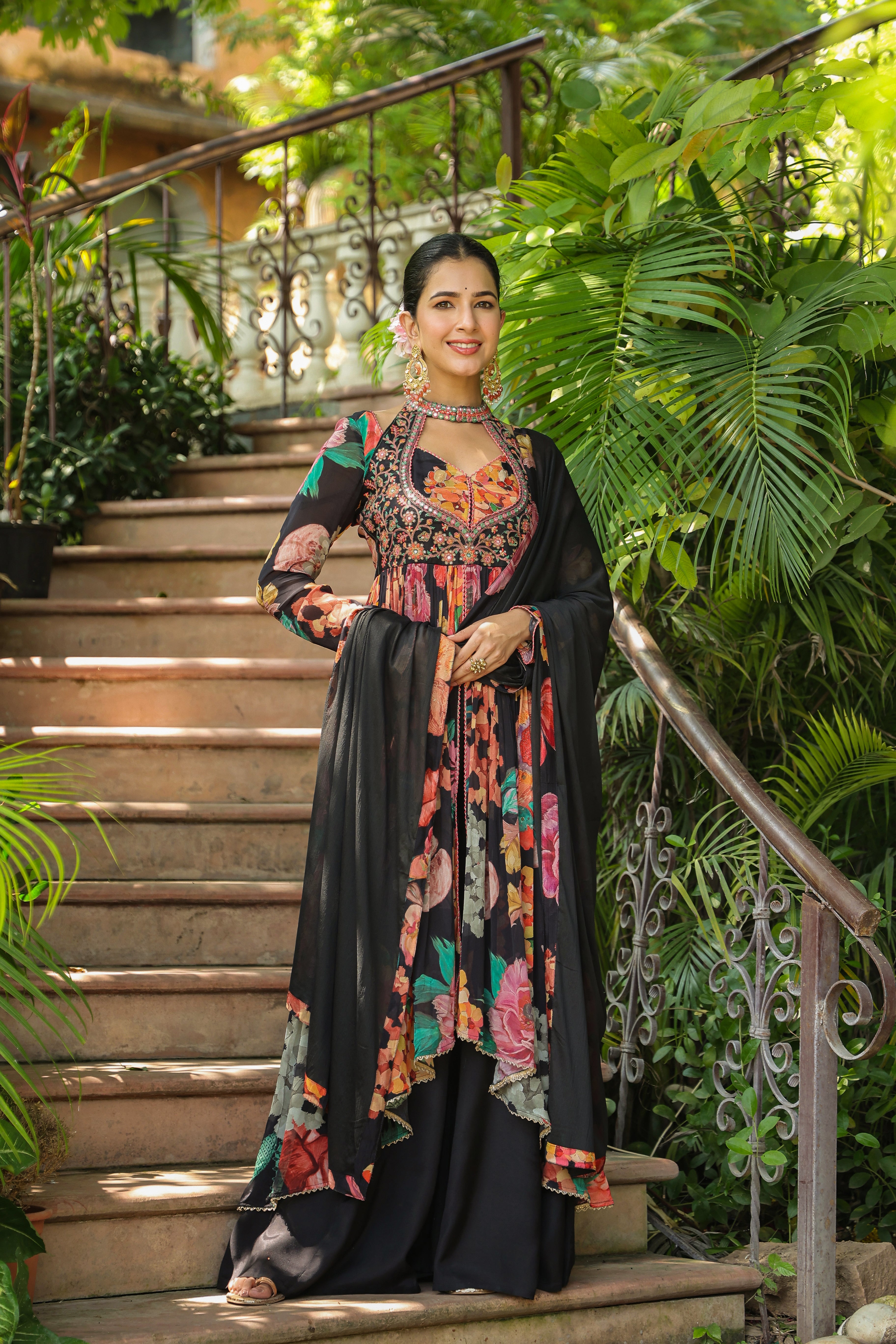 Black Designer Embroidered Sharara Set