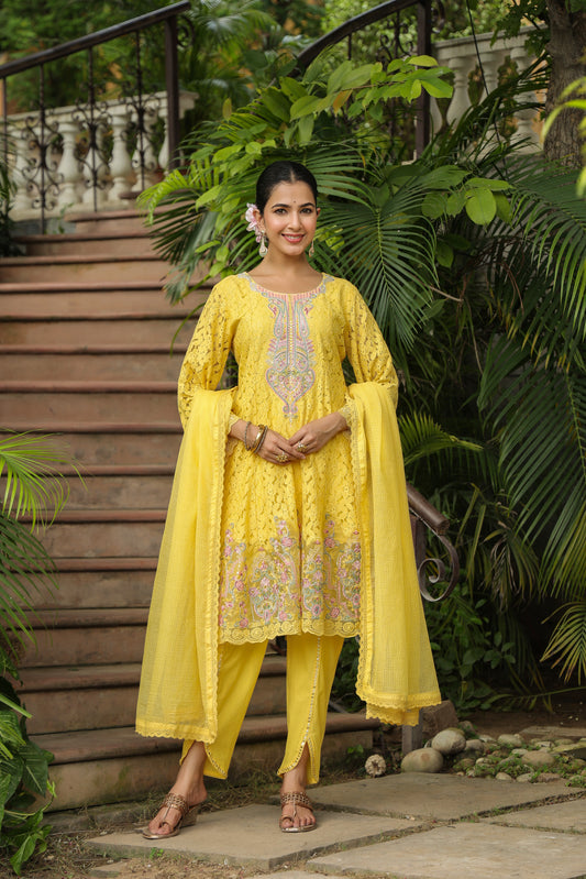 Mustard Gotta Work Anarkali Suit Sets with Dupatta