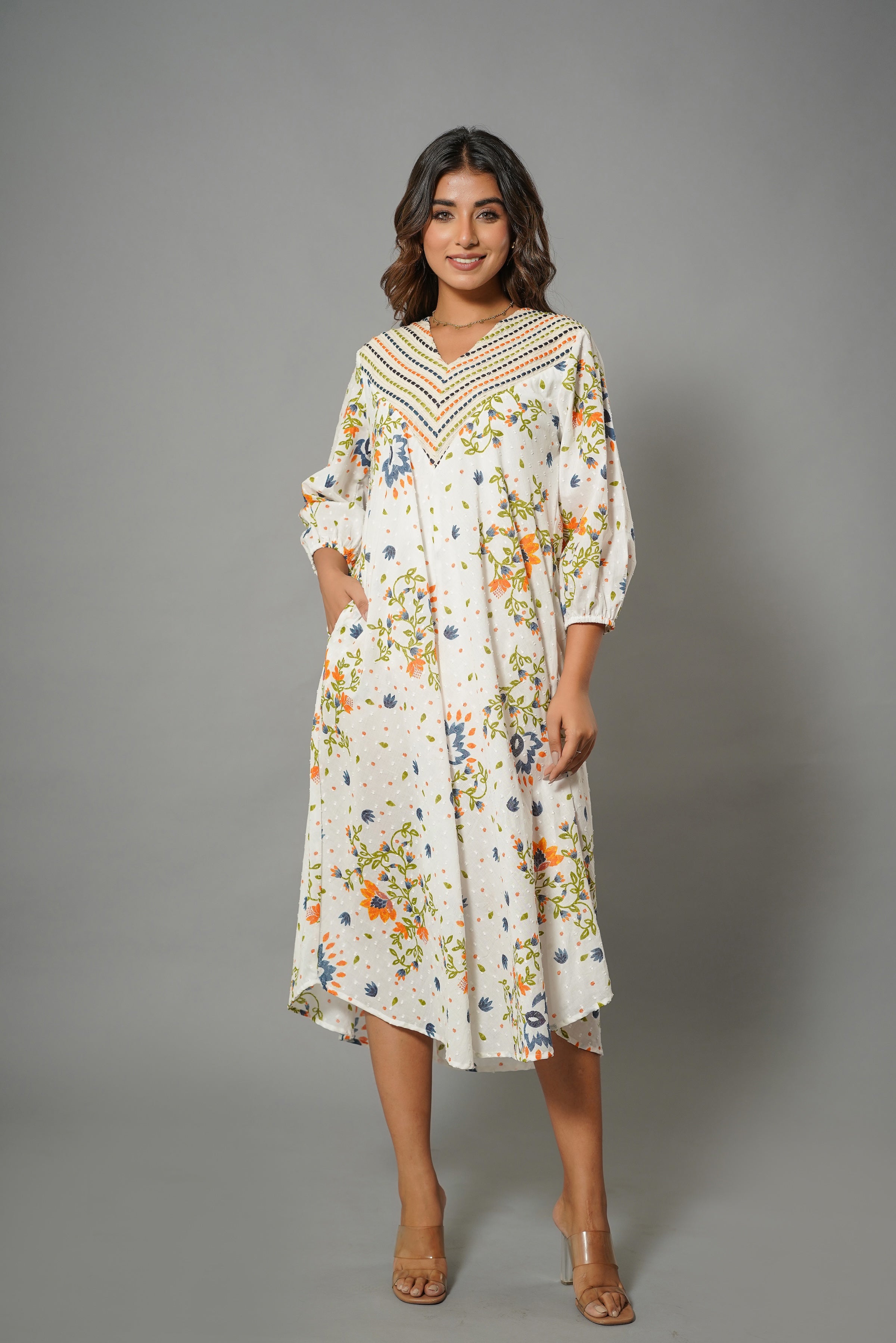 Elegant Floral Cotton Midi Dress with Embroidered V-Neck