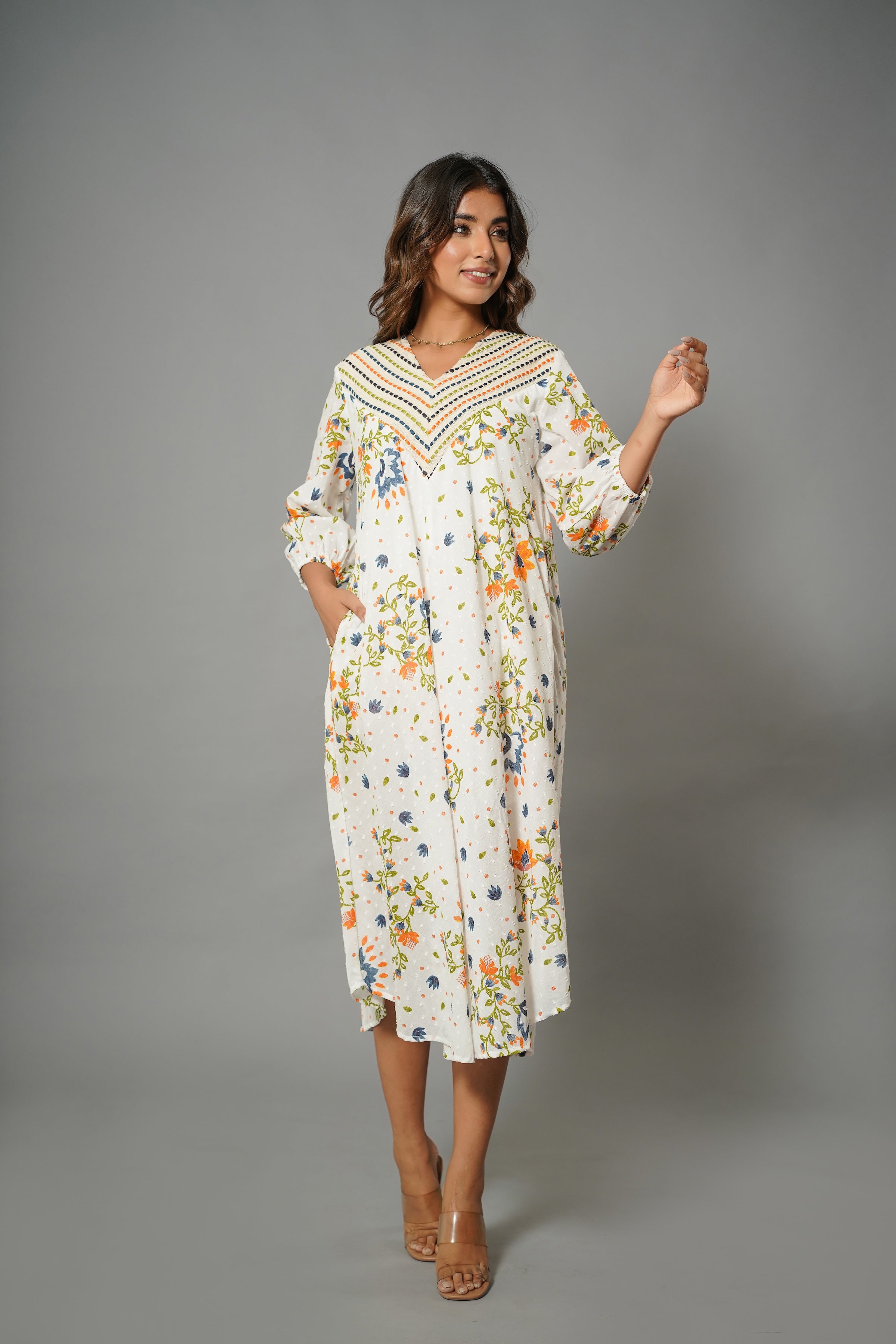 Elegant Floral Cotton Midi Dress with Embroidered V-Neck