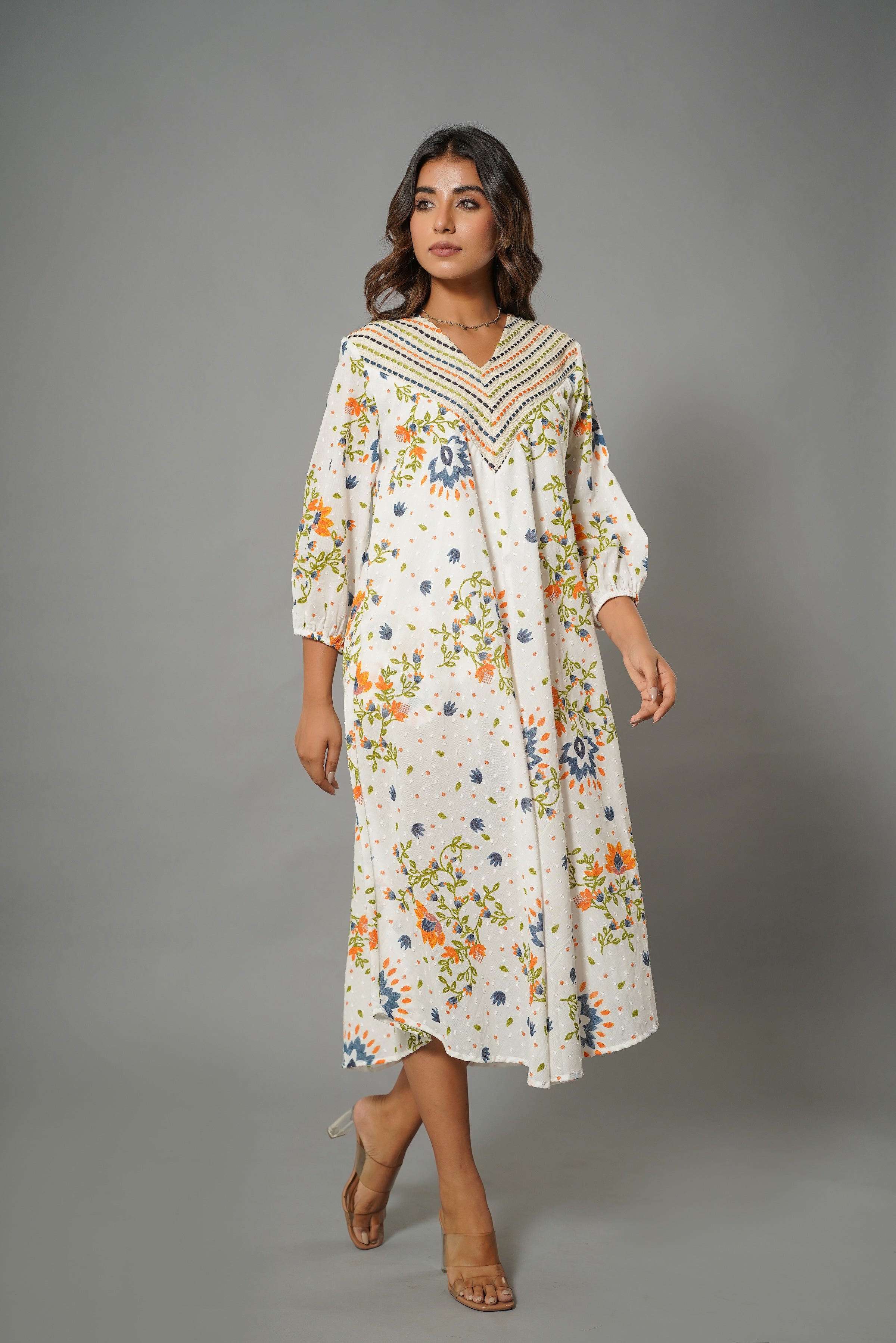 Elegant Floral Cotton Midi Dress with Embroidered V-Neck