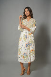 Elegant Floral Cotton Midi Dress with Embroidered V-Neck