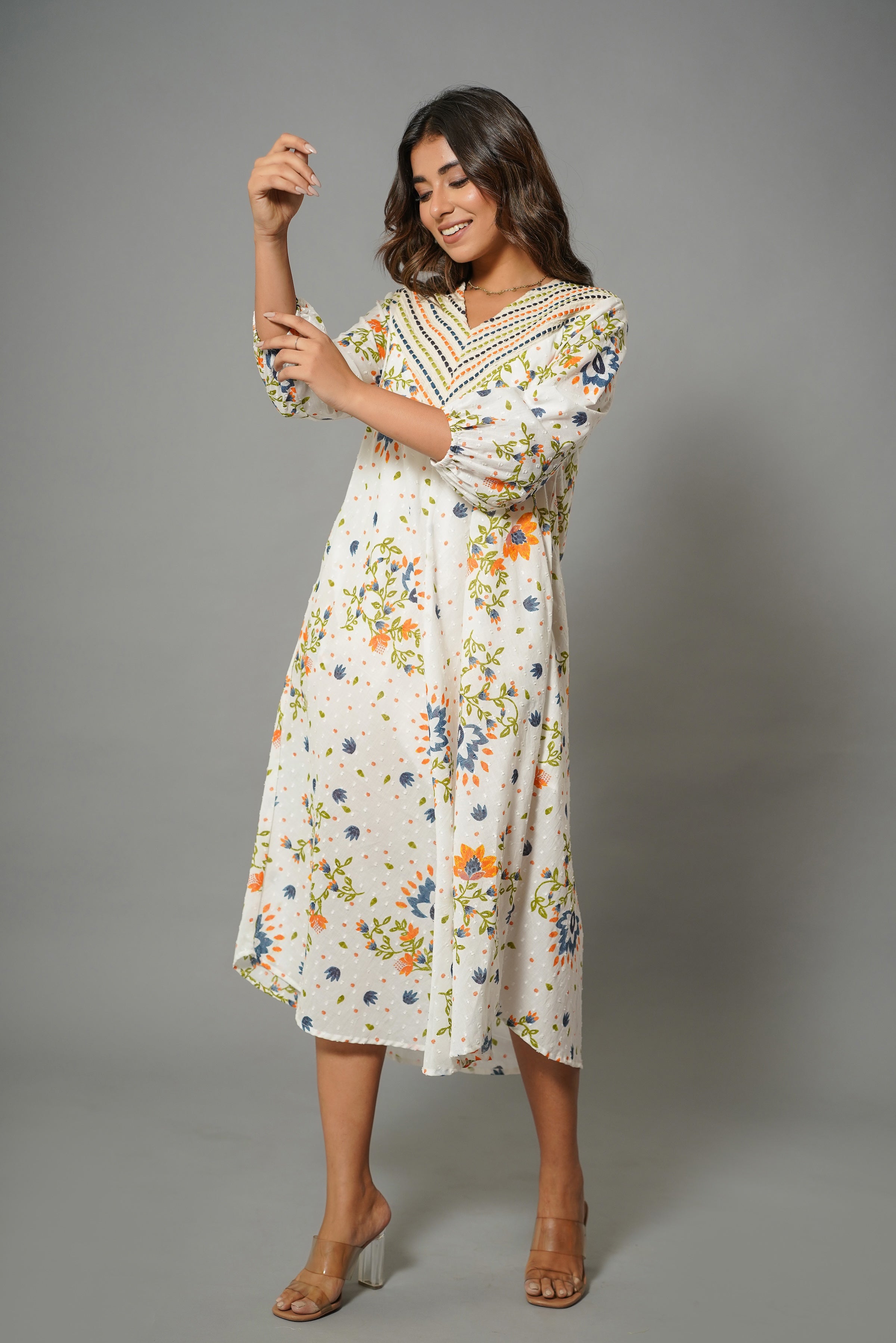 Elegant Floral Cotton Midi Dress with Embroidered V-Neck