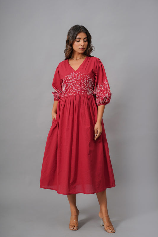 Cotton Red Embroidered Midi Dress