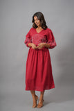 Cotton Red Embroidered Midi Dress