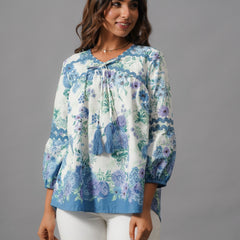 White and Blue Rayon Top