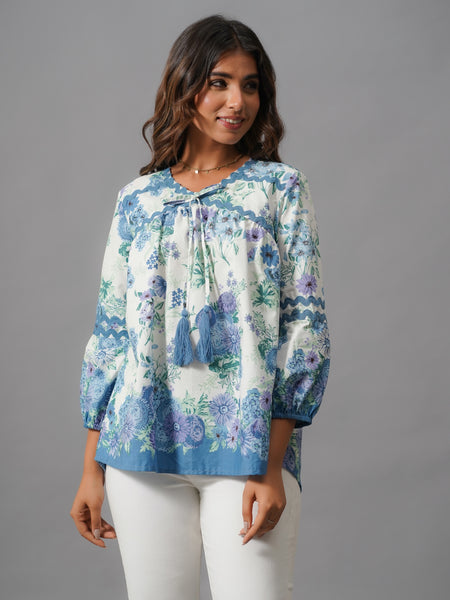 White and Blue Rayon Top