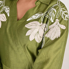 Graceful Green Botanical Embroidered Dress with 3/4th Sleeves