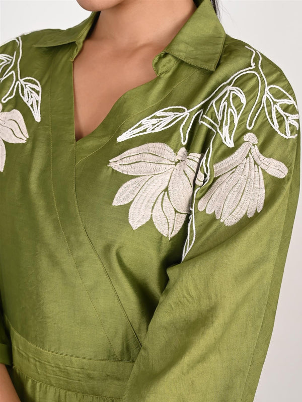 Graceful Green Botanical Embroidered Dress with 3/4th Sleeves