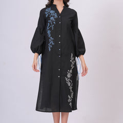 Black Longline Button-Down Dress with Floral Thread Embroidery & Balloon Sleeves