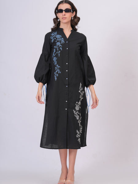 Black Longline Button-Down Dress with Floral Thread Embroidery & Balloon Sleeves