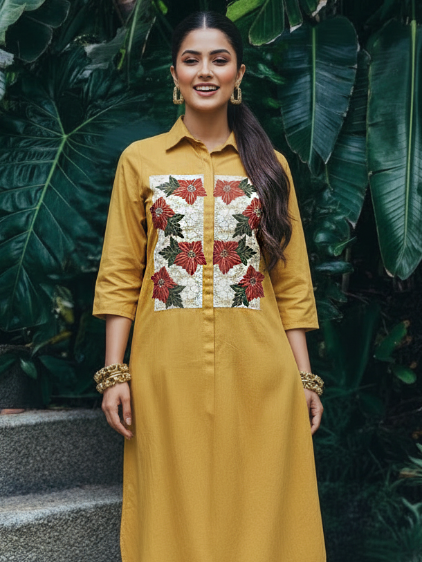 Mustard Yellow Floral Embroidered Cotton Shirt Dress