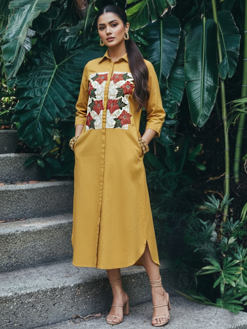 Mustard Yellow Floral Embroidered Cotton Shirt Dress