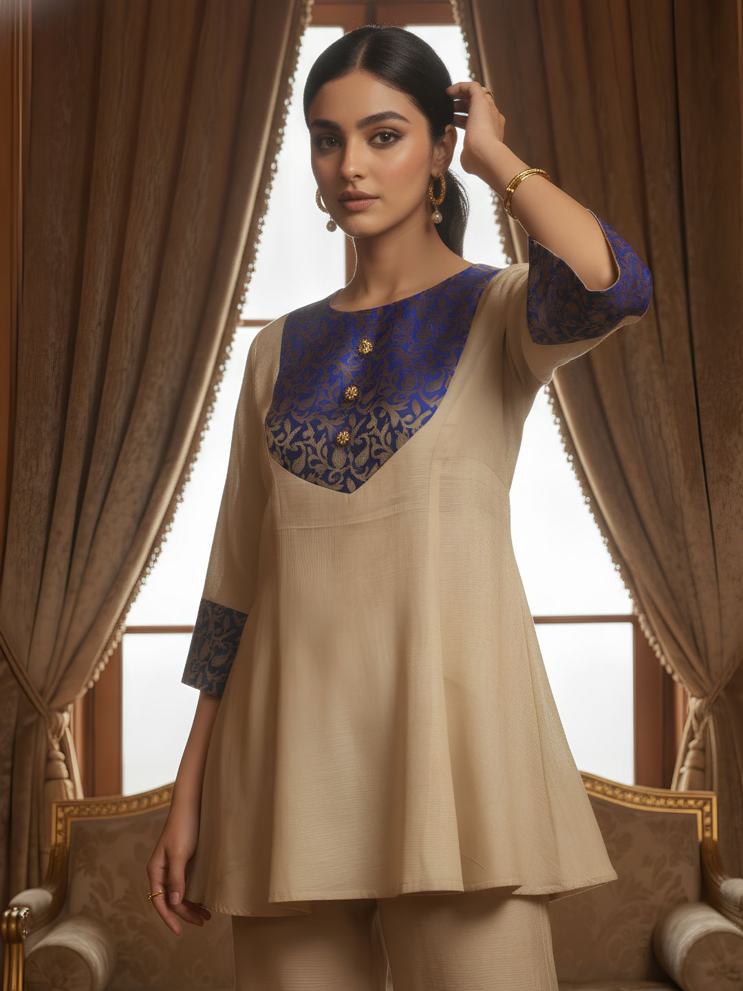 Elegant Beige Blue Embroidered Co-Ord Set for Women