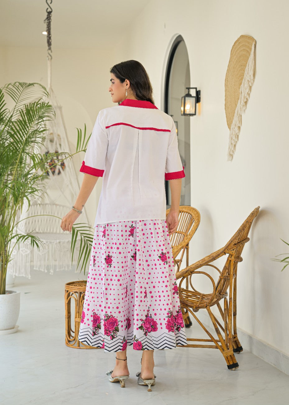 White and Pink Floral Shirt Palazzo Co-ord Set