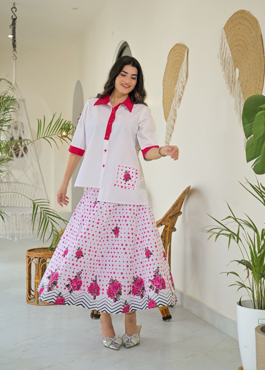 White and Pink Floral Shirt Palazzo Co-ord Set