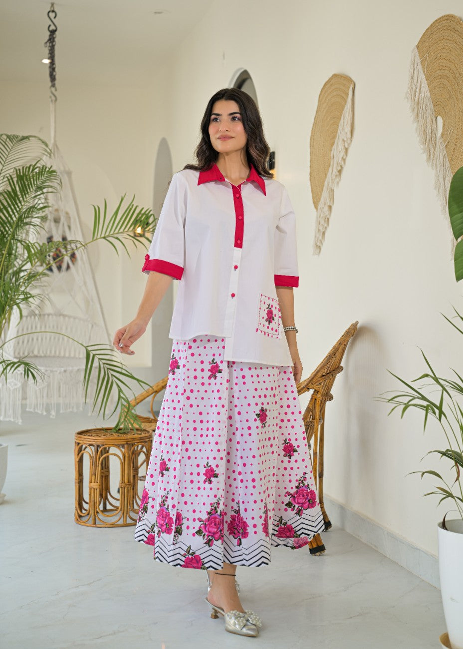 White and Pink Floral Shirt Palazzo Co-ord Set