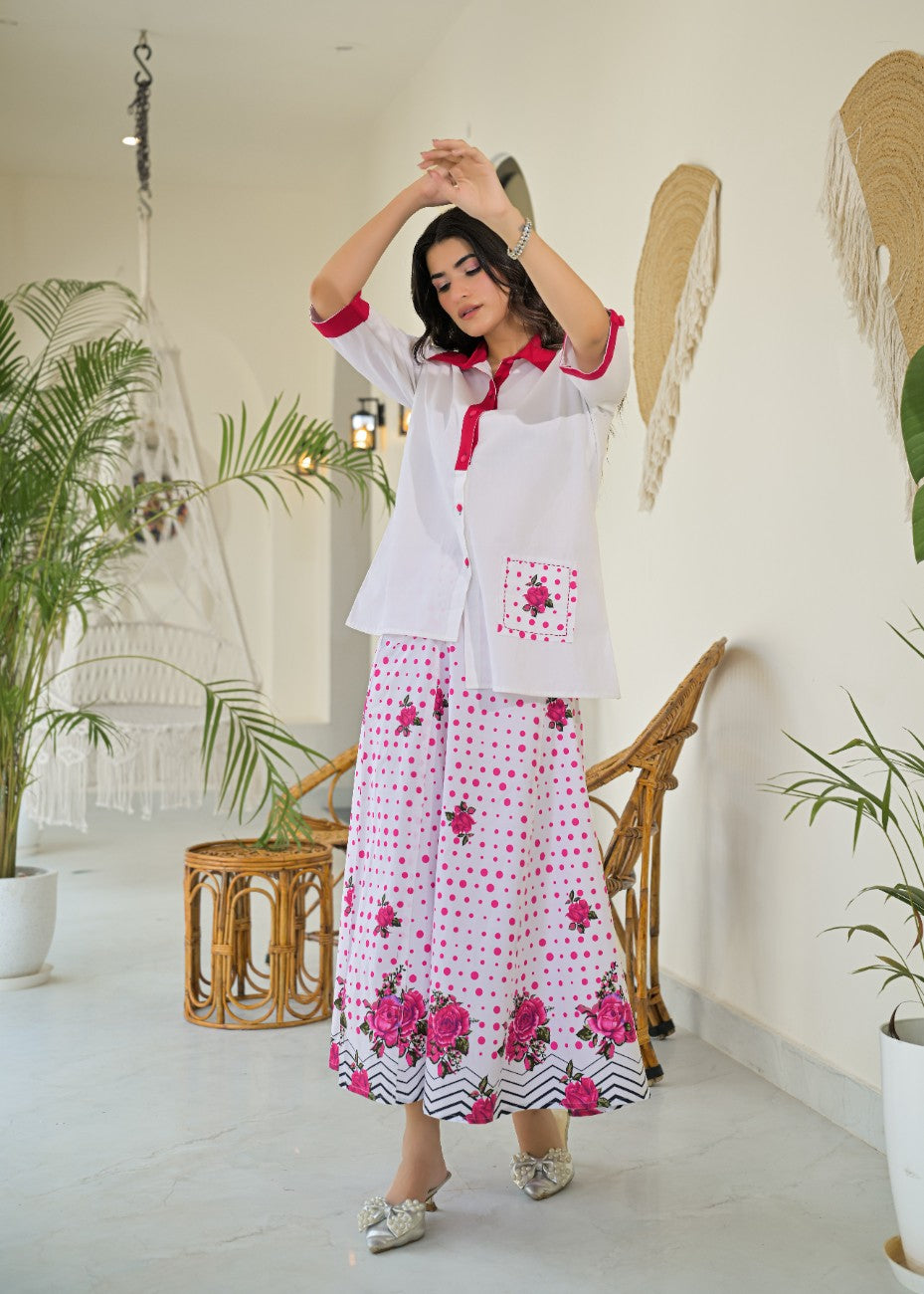 White and Pink Floral Shirt Palazzo Co-ord Set