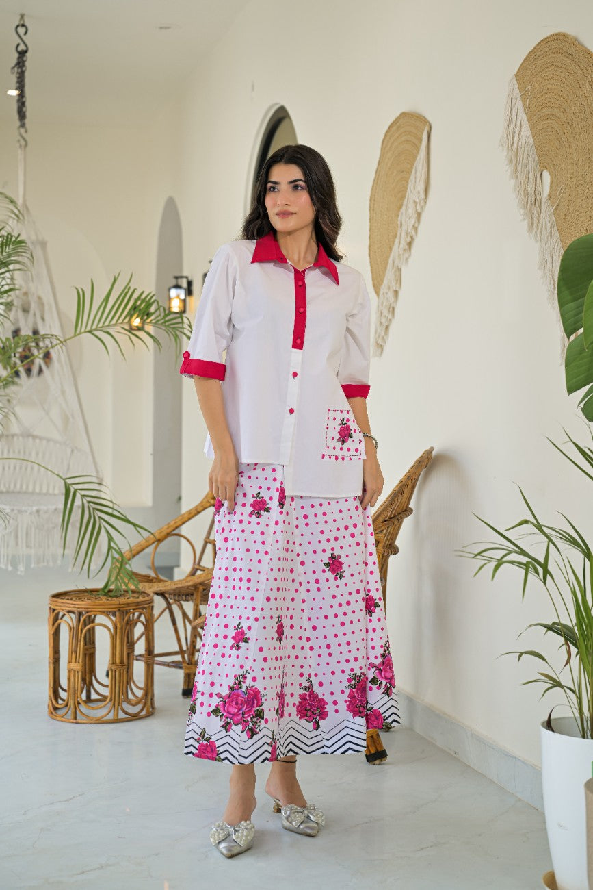 White and Pink Floral Shirt Palazzo Co-ord Set