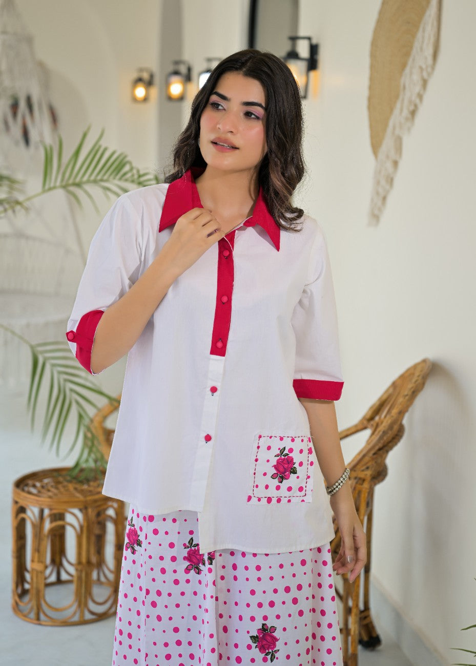 White and Pink Floral Shirt Palazzo Co-ord Set