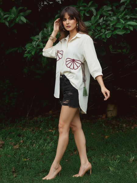 Elegant Cream Abstract Floral Casual Shirt