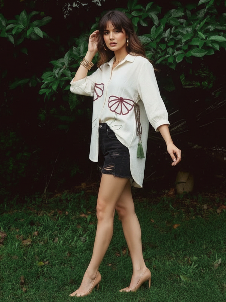 Elegant Cream Abstract Floral Casual Shirt