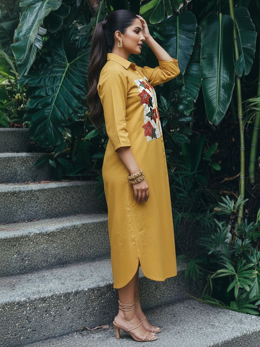 Mustard Yellow Floral Embroidered Cotton Shirt Dress