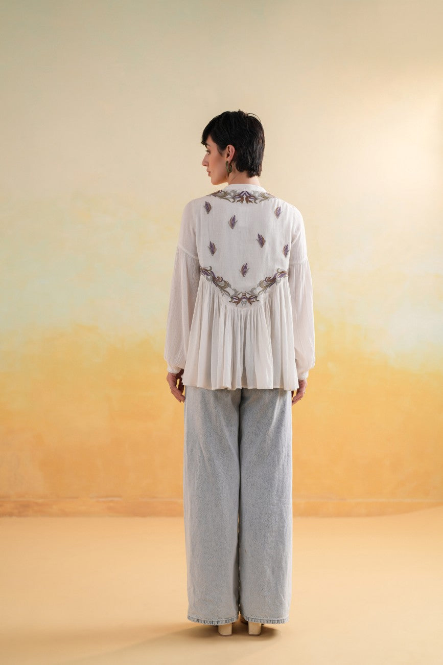 Off-White Embroidered Yoke Relaxed Flared Top