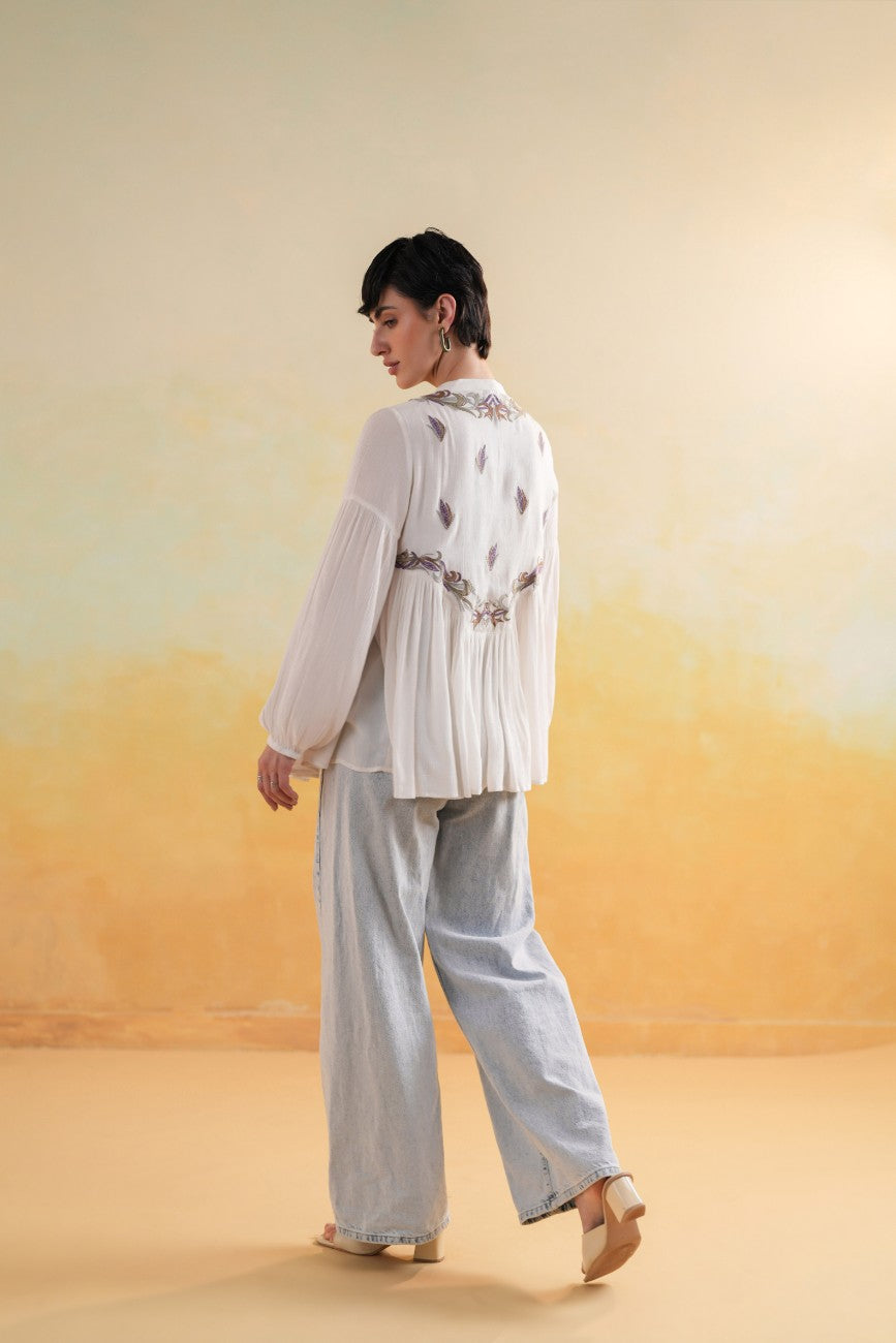 Off-White Embroidered Yoke Relaxed Flared Top