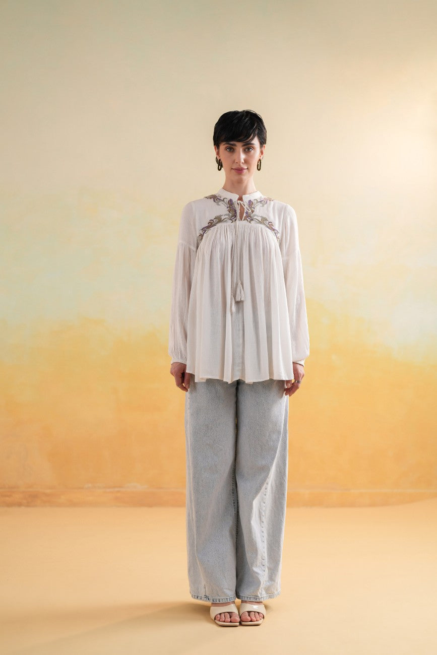 Off-White Embroidered Yoke Relaxed Flared Top