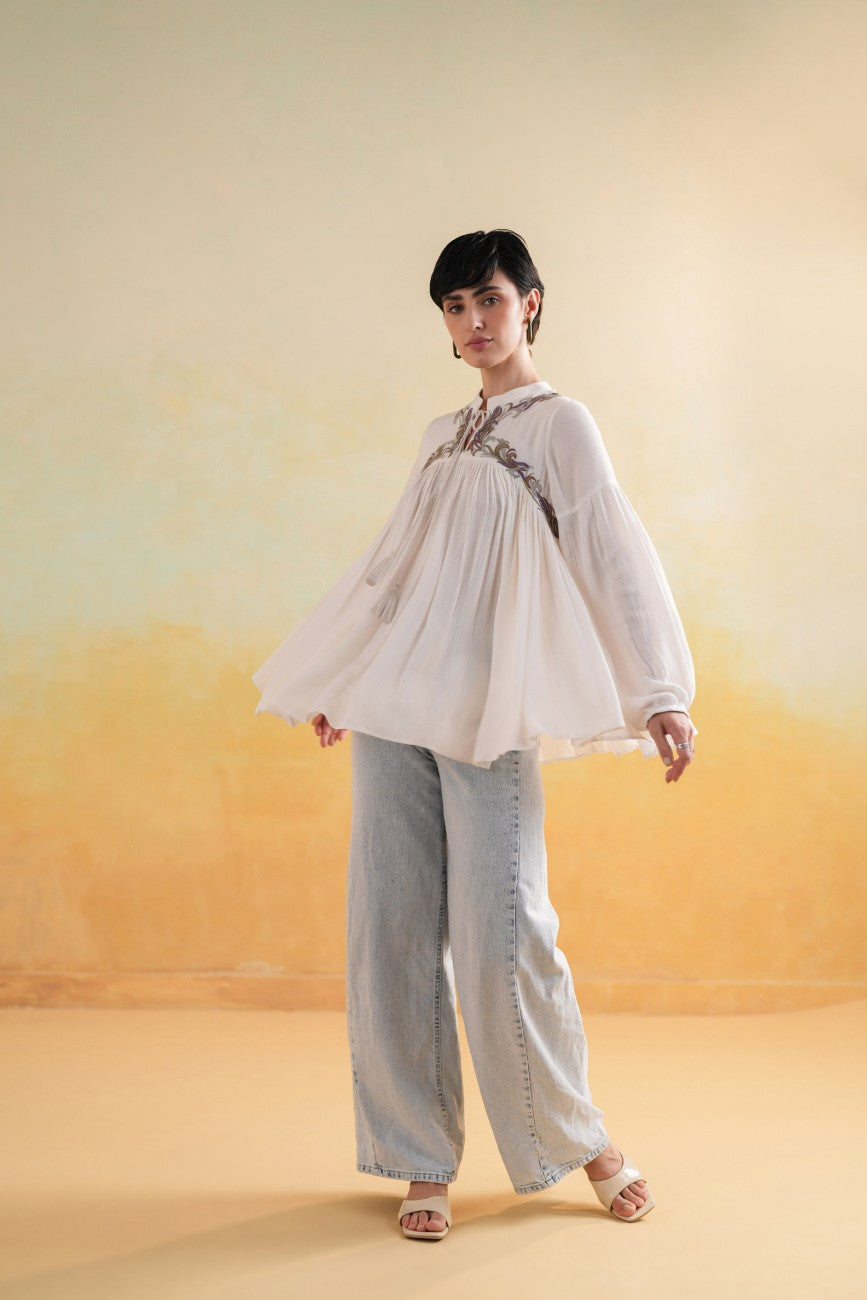 Off-White Embroidered Yoke Relaxed Flared Top