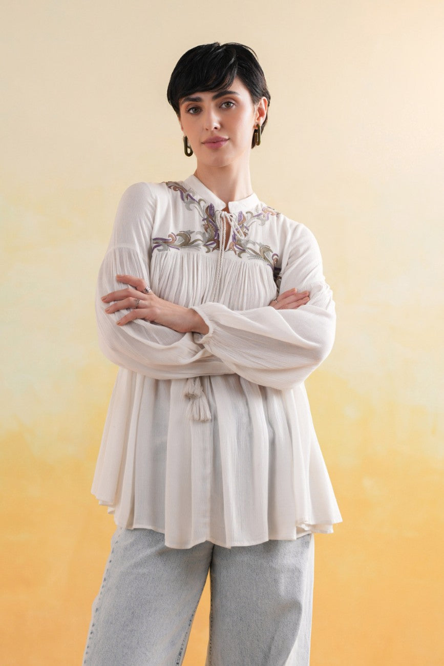 Off-White Embroidered Yoke Relaxed Flared Top