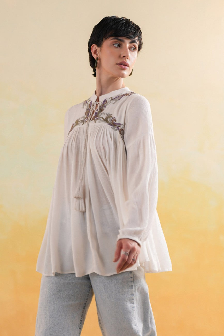 Off-White Embroidered Yoke Relaxed Flared Top