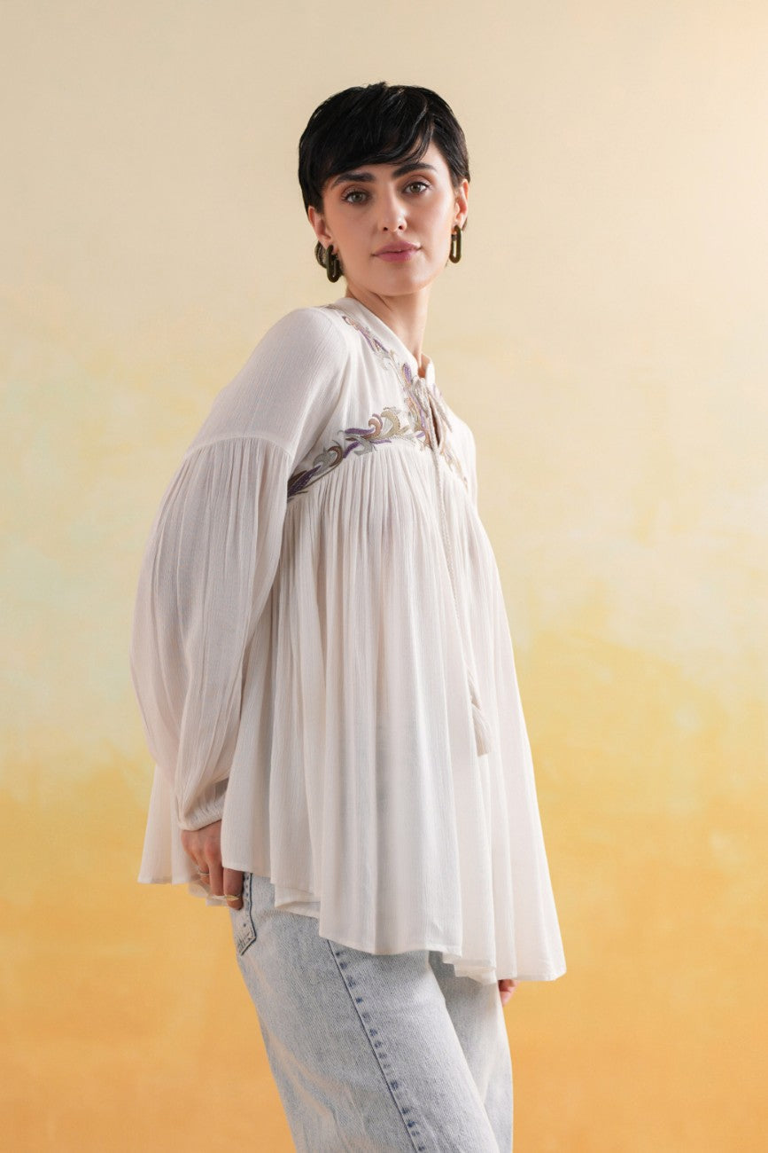 Off-White Embroidered Yoke Relaxed Flared Top
