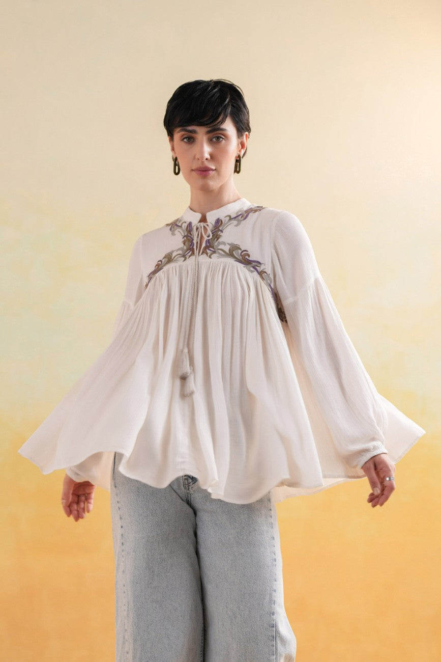 Off-White Embroidered Yoke Relaxed Flared Top