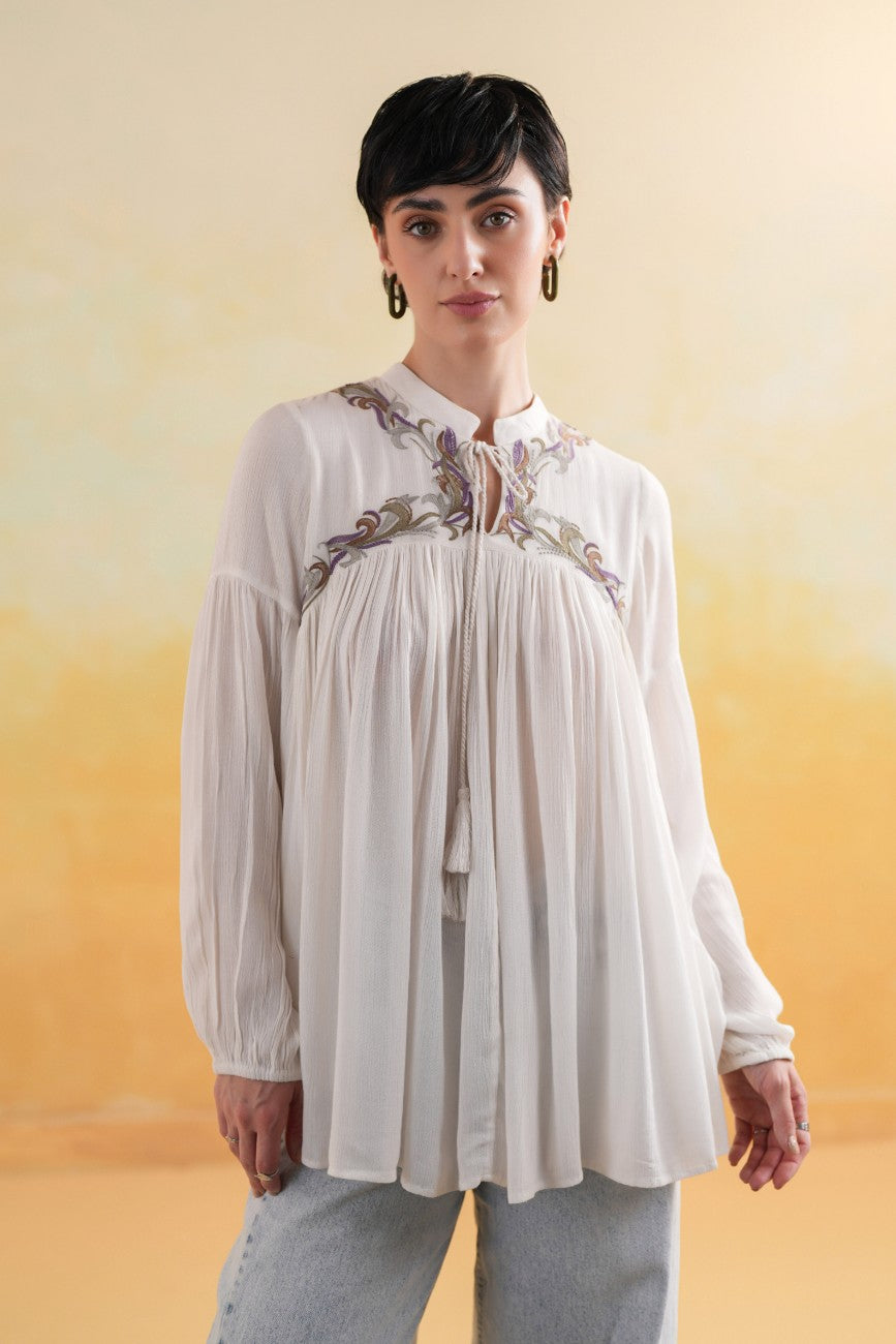 Off-White Embroidered Yoke Relaxed Flared Top