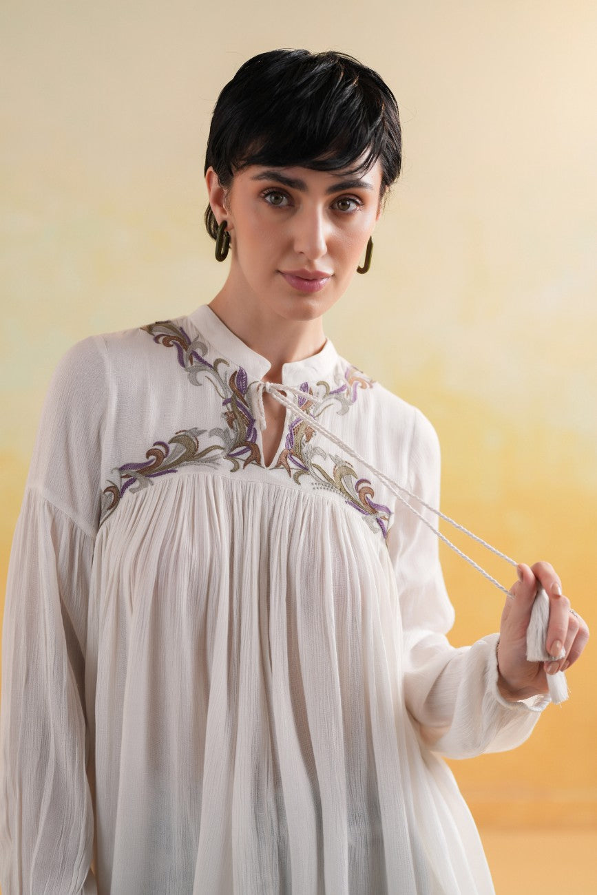 Off-White Embroidered Yoke Relaxed Flared Top