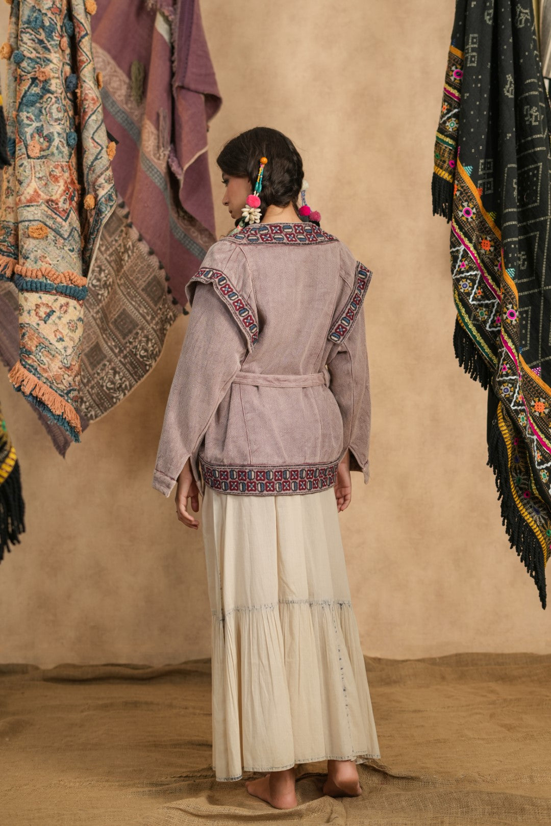 Vintage Mauve Geometric Embroidered Wrap Jacket