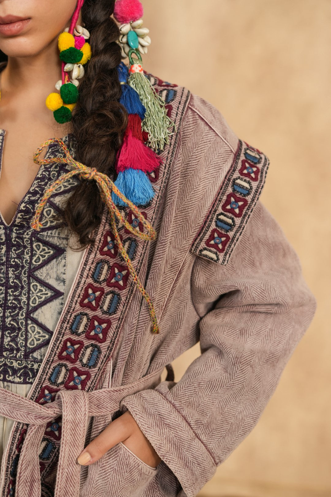 Vintage Mauve Geometric Embroidered Wrap Jacket