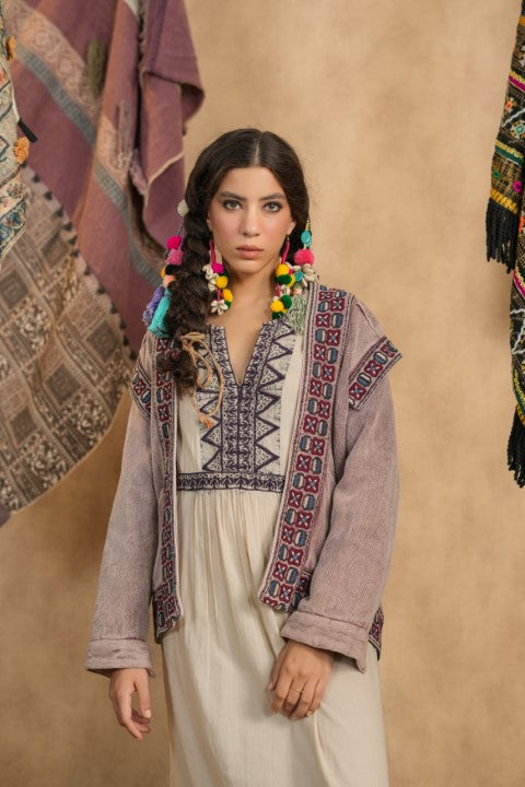 Vintage Mauve Geometric Embroidered Wrap Jacket