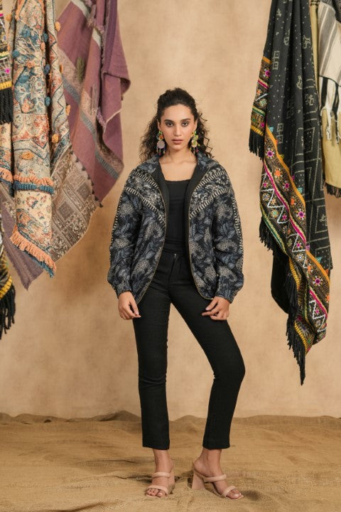 Black Paisley Print Hooded Jacket