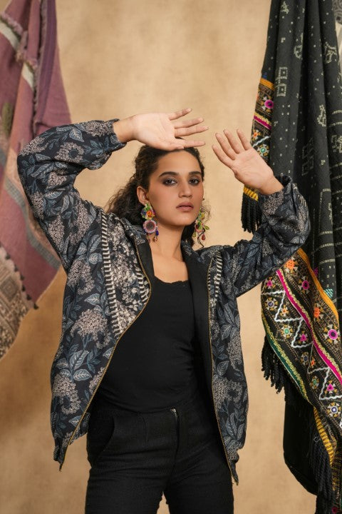 Black Paisley Print Hooded Jacket