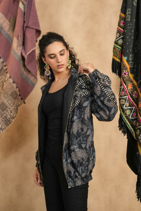 Black Paisley Print Hooded Jacket