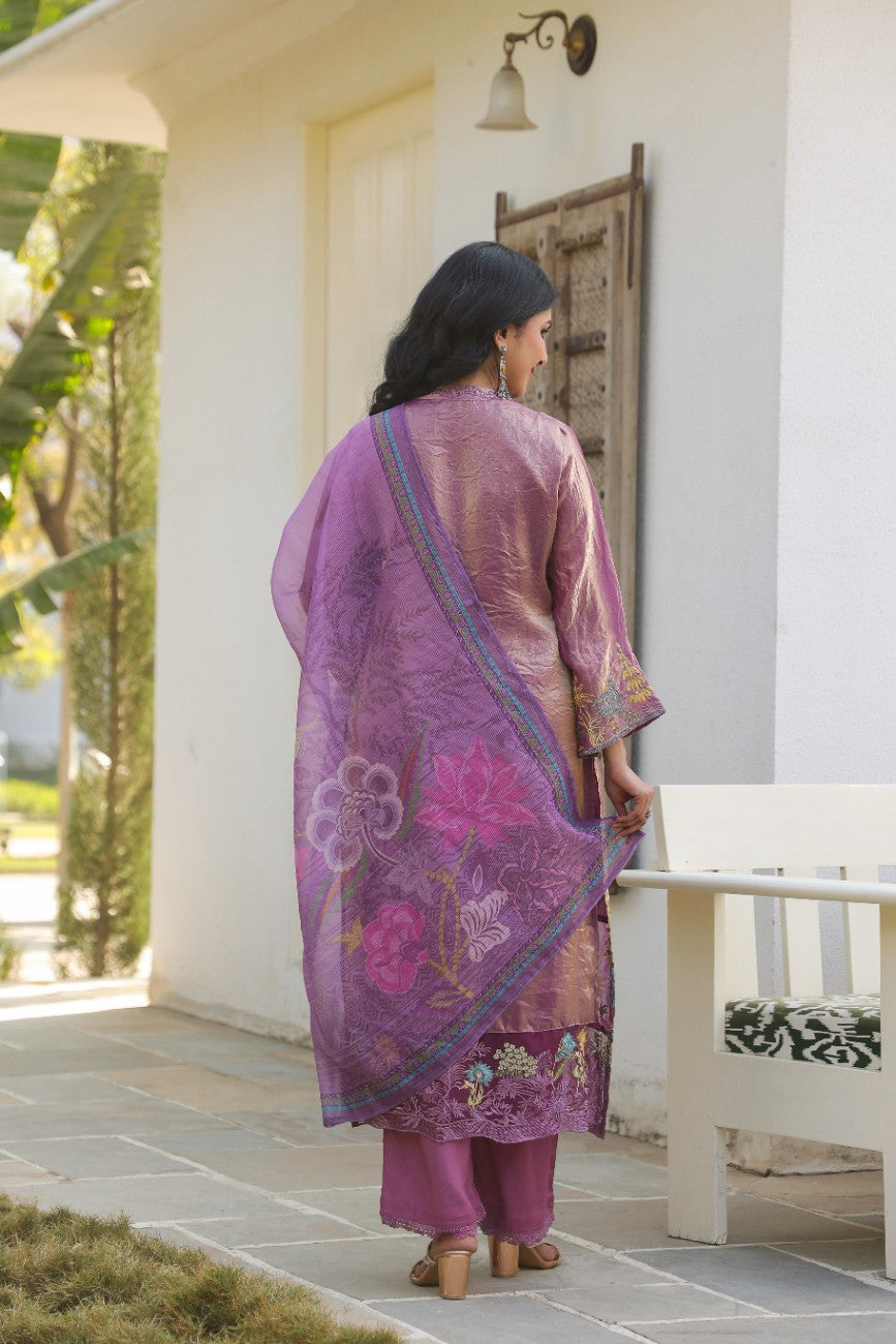 Royal Purple Embroidered Silk Blend Festive Kurta Set