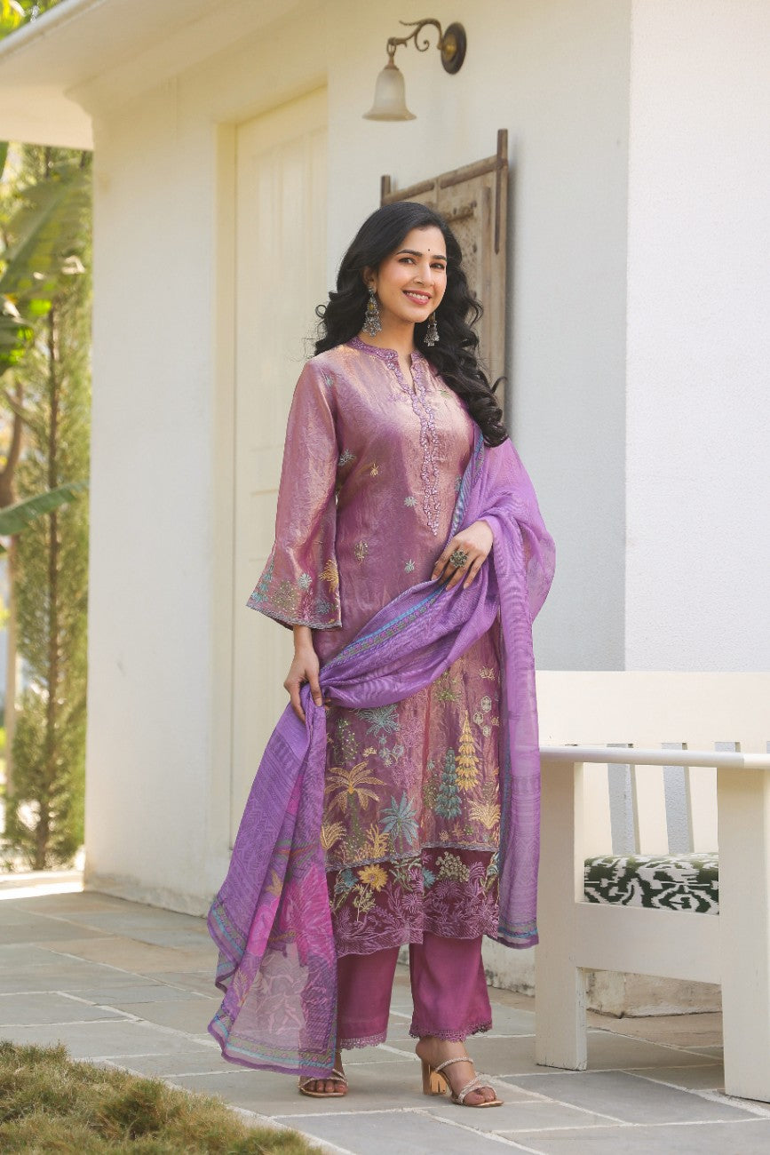 Royal Purple Embroidered Silk Blend Festive Kurta Set