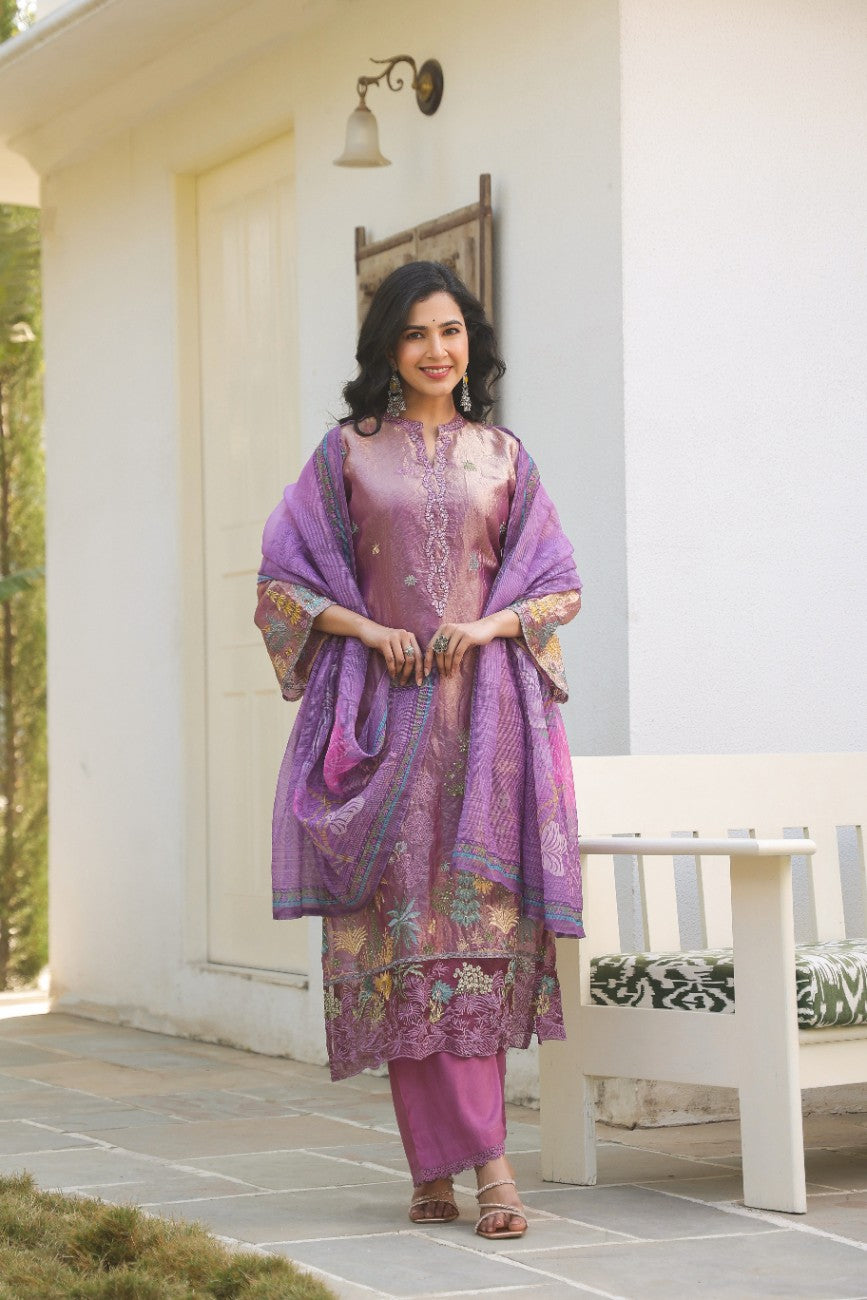 Royal Purple Embroidered Silk Blend Festive Kurta Set