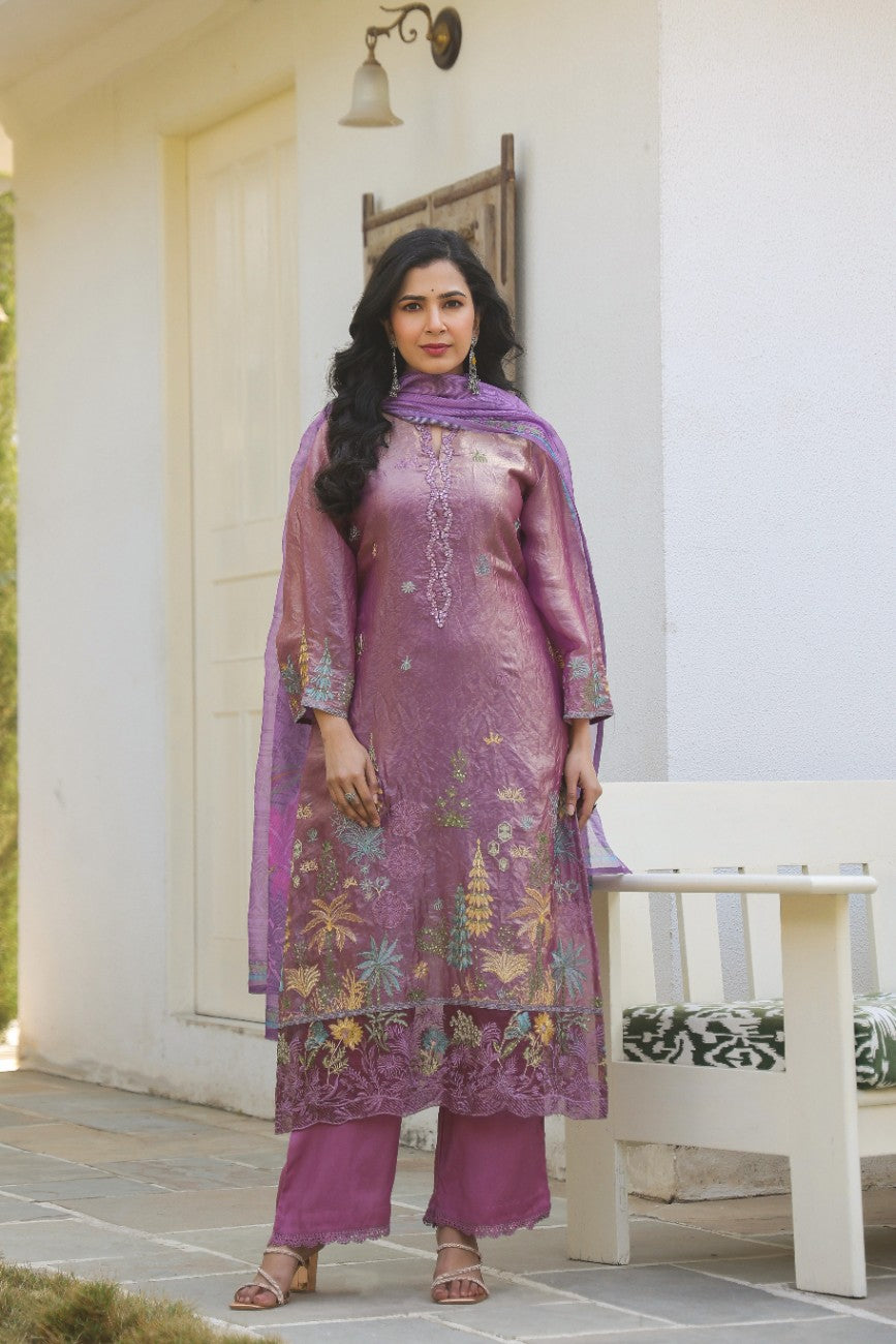 Royal Purple Embroidered Silk Blend Festive Kurta Set
