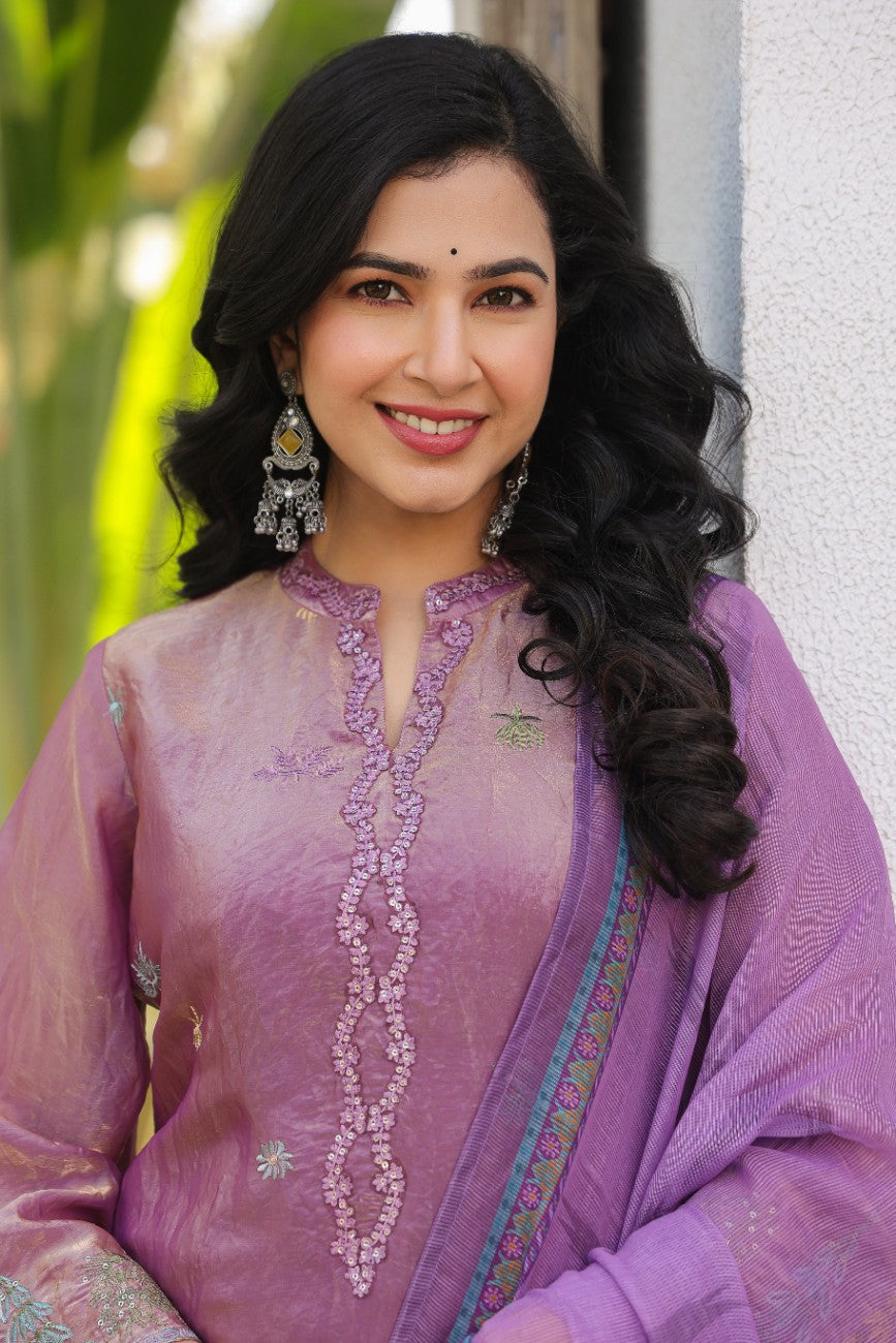 Royal Purple Embroidered Silk Blend Festive Kurta Set