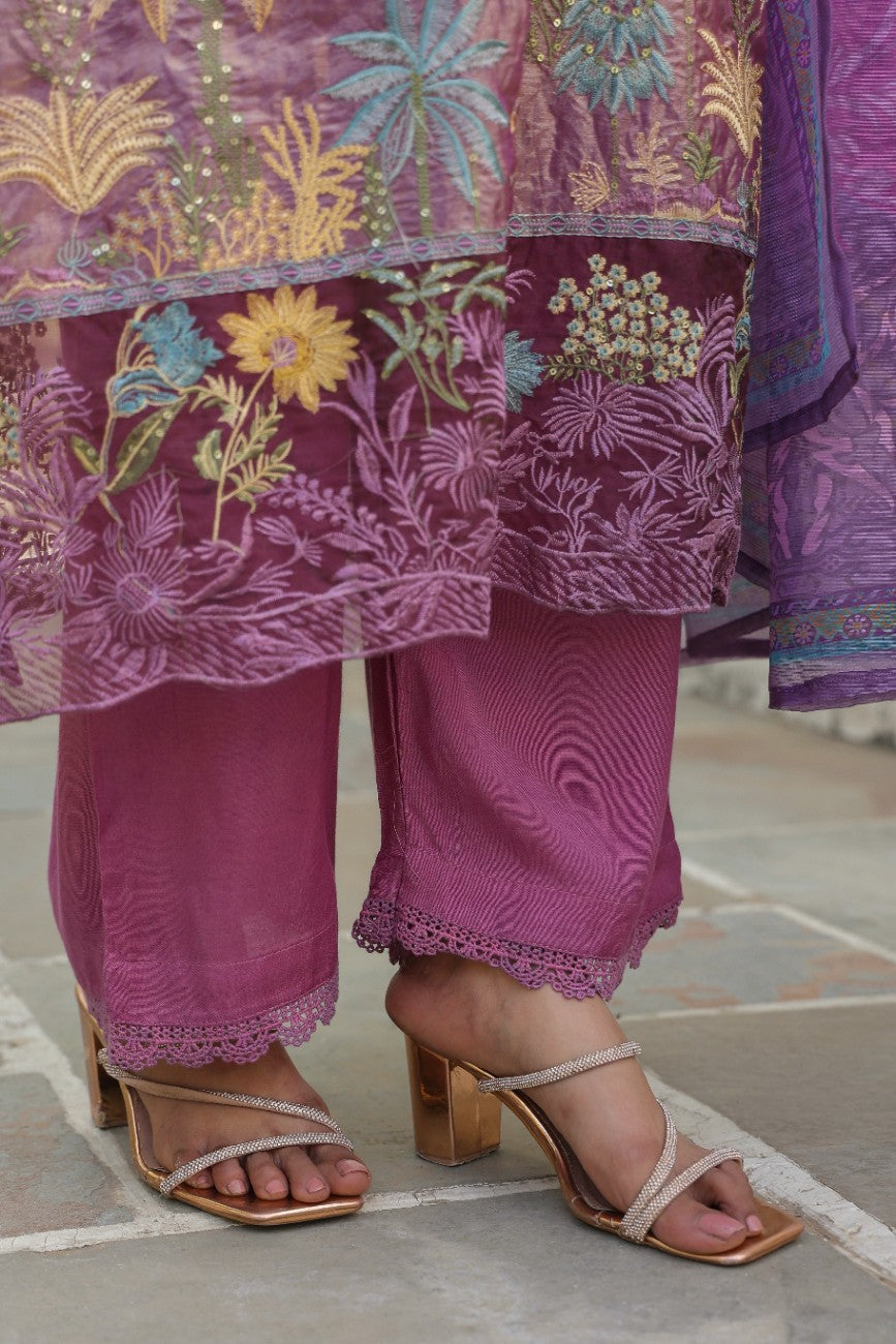 Royal Purple Embroidered Silk Blend Festive Kurta Set