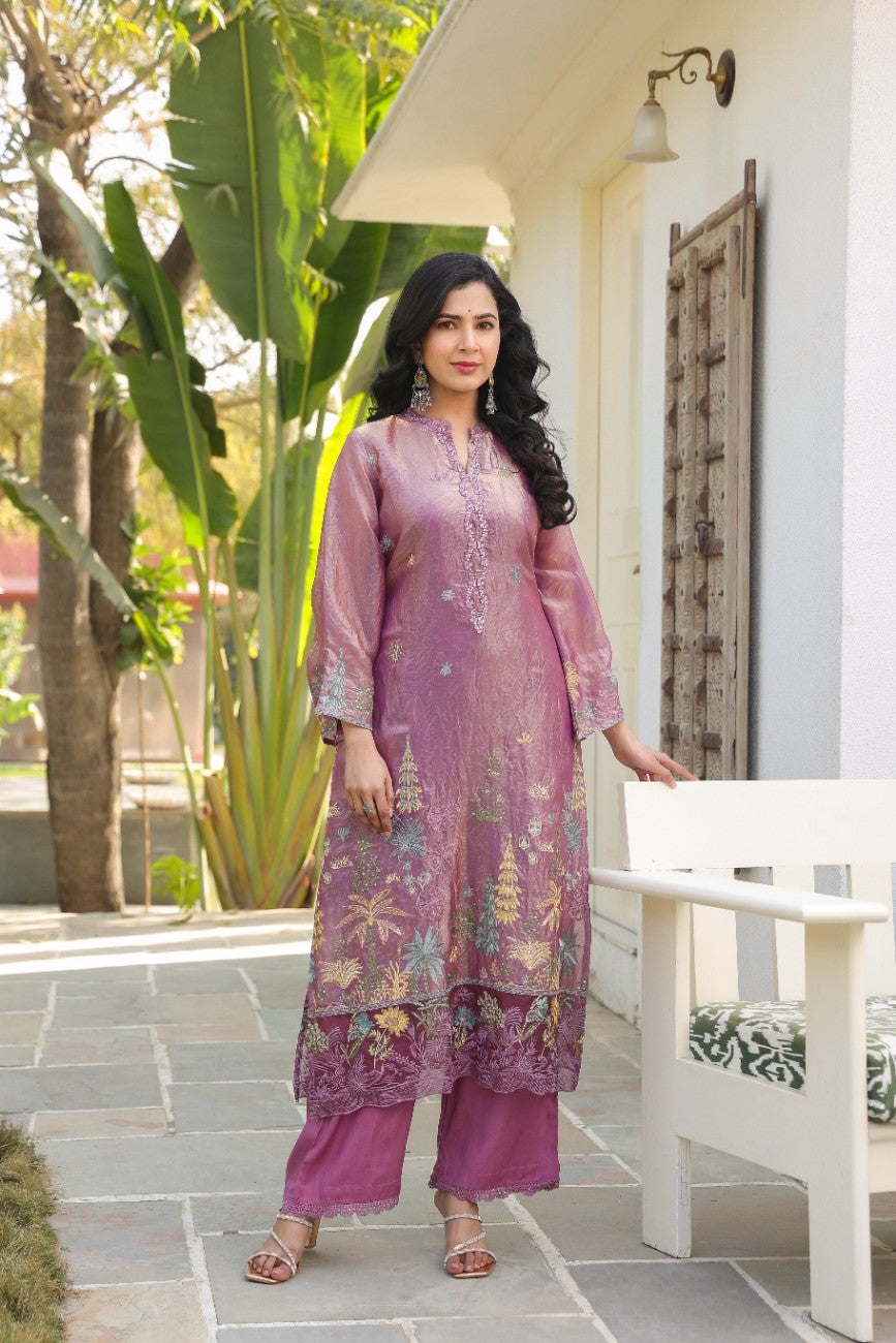 Royal Purple Embroidered Silk Blend Festive Kurta Set